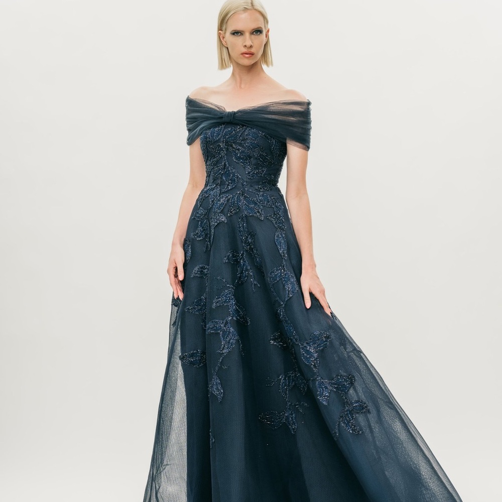Navy Blue Off-Shoulder Wedding Dress